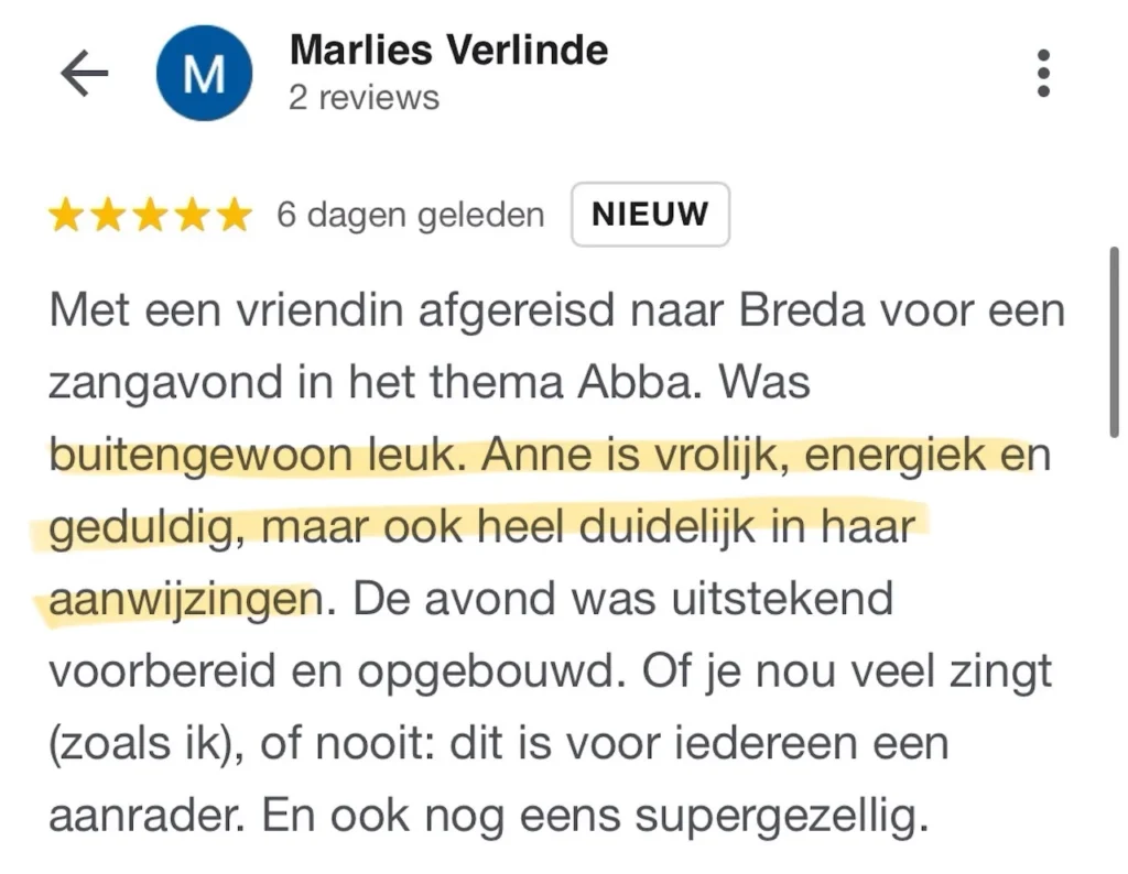 Marlies Verlinde, Review Zangavond Breda